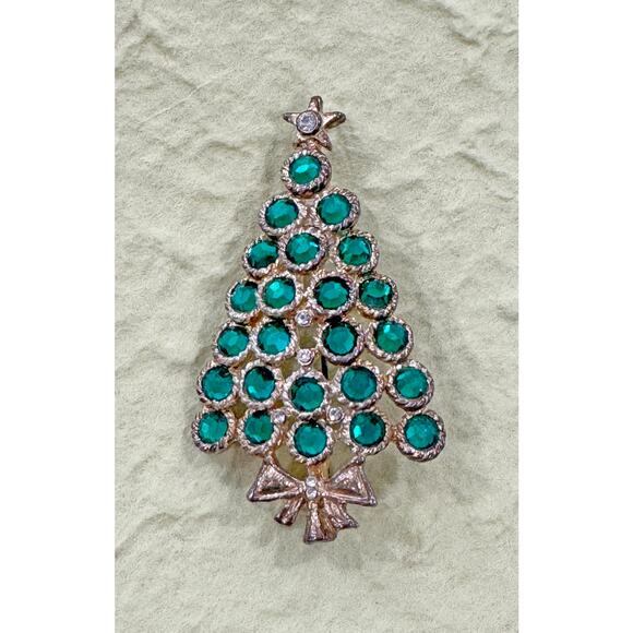 Mid-Century Green and Gold Rhinestone Christmas Tree Brooch Pin CP17 - Picture 4 of 5